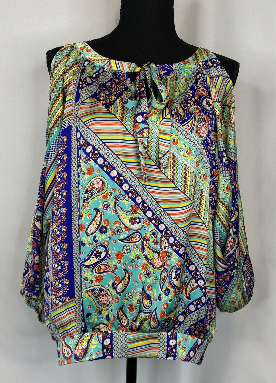 Womens Paisley Patchwork Cold Shoulder Top Sz S Boho Chic Maximalist Eclectic